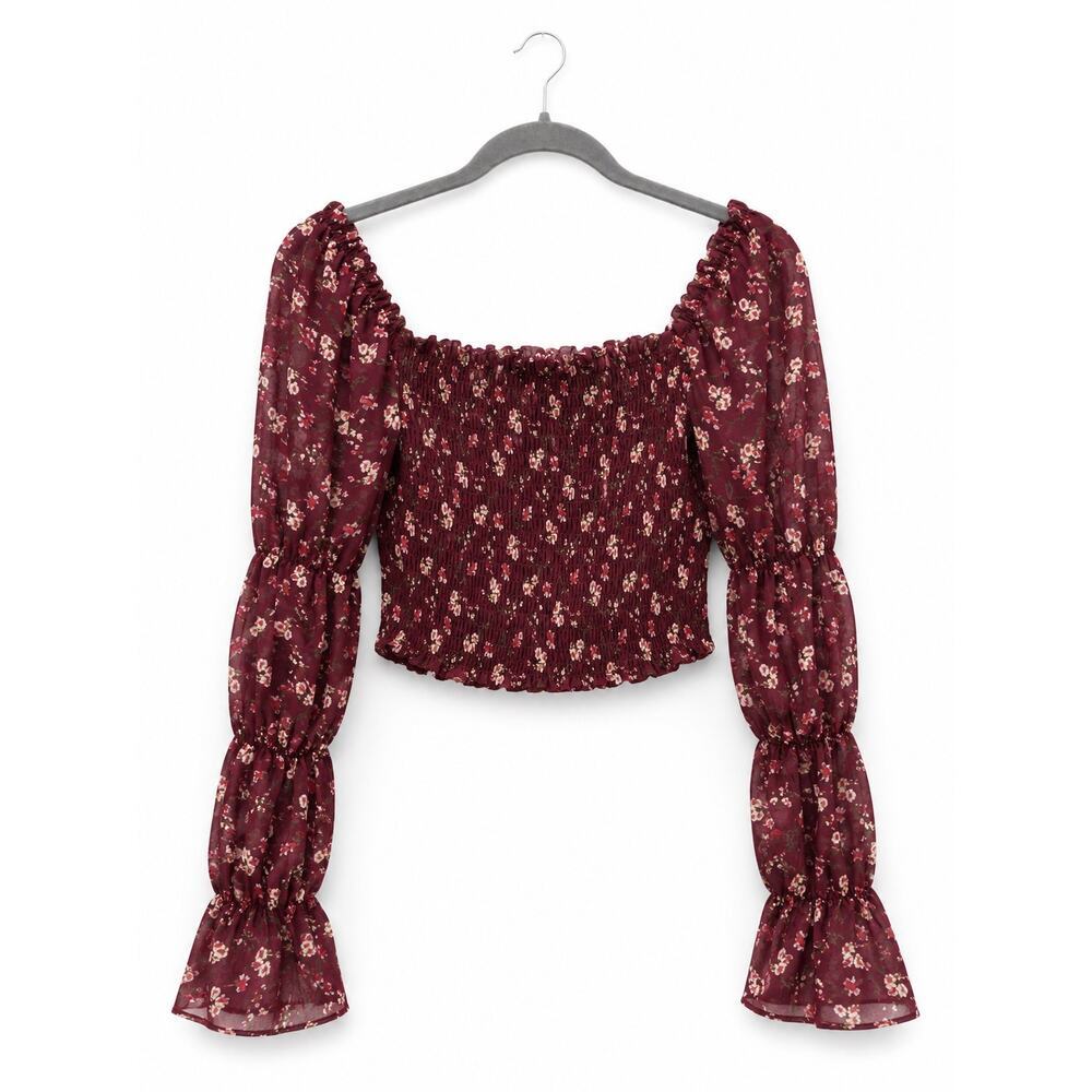 Wild Fable Floral Smocked Crop Top XS Burgundy Long Sleeve Cottagecore Blouse - Picture 2 of 12